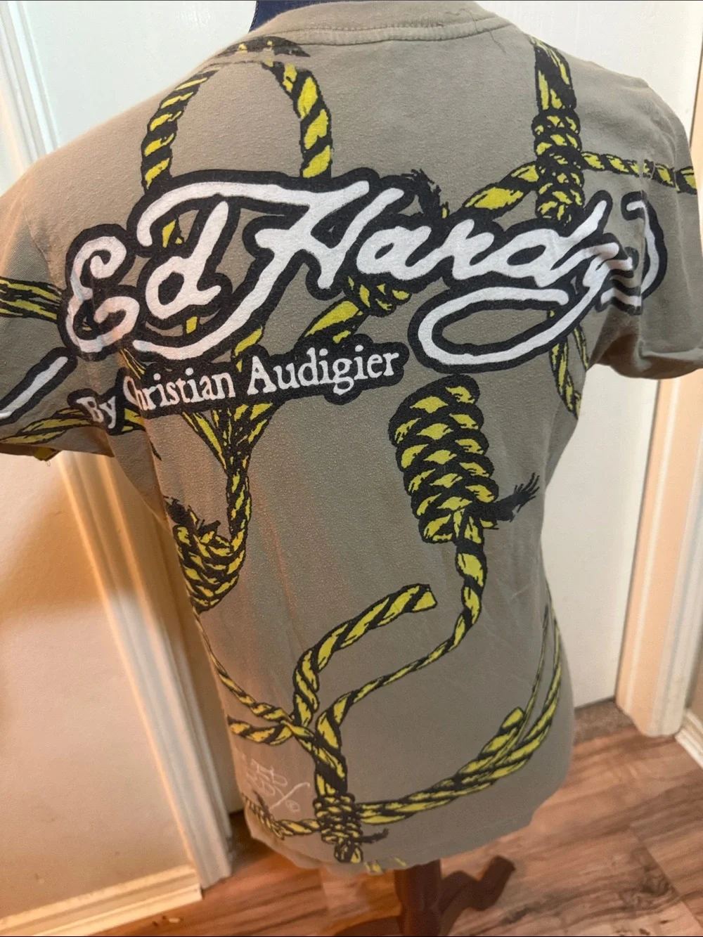 Ed Hardy Olive V-Neck Tee with Green & Pink Snake Skull Graphic - Picture 3 of 5